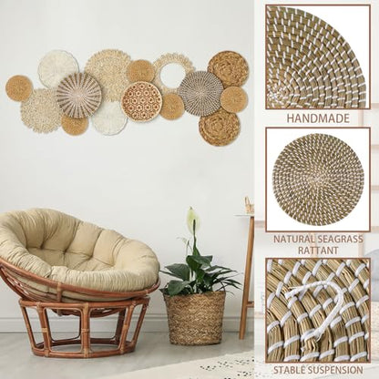 Xuhal 15 Pcs Boho Wall Basket Decor Handcrafted Seagrass Woven Wall Basket Rustic Round Woven Hanging Art for Home Farmhouse Kitchen Table Living Room(Fresh Style) - style: Fresh Style