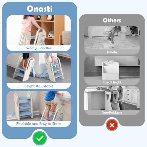 Onasti Toddler Step Stool with Handles, Adjustable Kids Stool Converts from 3-Step to 2-Step, Non-Slip and Anti-Tip Design for Safer Potty Training, Bathroom Sink and Kitchen Counter- Blue - color: Baby Blue
