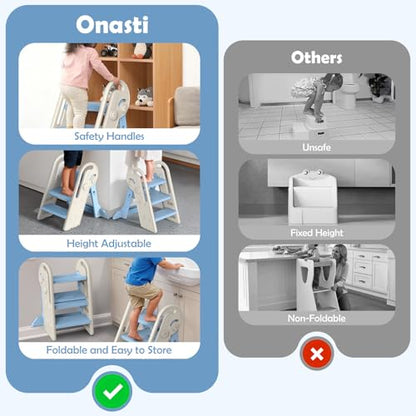 Onasti Toddler Step Stool with Handles, Adjustable Kids Stool Converts from 3-Step to 2-Step, Non-Slip and Anti-Tip Design for Safer Potty Training, Bathroom Sink and Kitchen Counter- Blue - color: Baby Blue