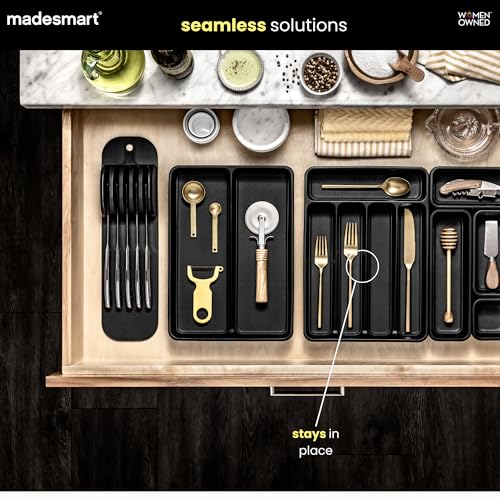 madesmart Small Silverware Tray, Compact 5 Compartment Flatware Organizer for Forks, Knives & Spoons, Non Slip, Soft Grip Lining, Fits Small Drawers, Carbon - color: Carbon