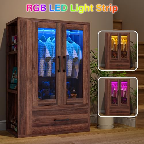 kepptory Pet Wardrobe Closet with LED Light, Side Storage Shelves & Drawer, Walnut Pet Clothes Organizer Cabinet with Hanging Rod, Multi-Functional Pet Closet for Dogs & Cats Clothing, Toys | Walnut Pet Clothes Organizer Cabinet with Hanging Rod, Multi-Fu