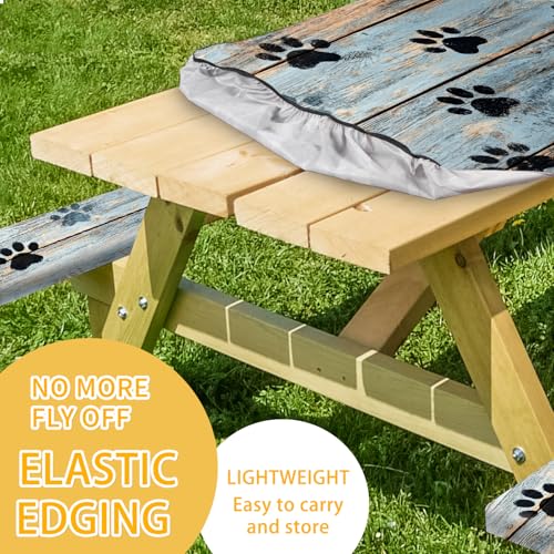 Picnic Table Cover with Bench Covers 72IN 6FT, Camping Essentials Tablecloth Waterproof Oilproof with elastic Edge for Indoor Outdoor Patio (Blue Wood Grain Paw) - color: Wood Grain Dog Paws