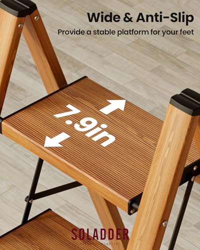 SOLADDER 3 Step Ladder, Folding Aluminum 3 Step Stool with Anti-Slip Wide Sturdy Pedal, Multi-Use for Home and Kitchen, Space Saving-Woodgrain(300 lbs Capacity) - color: Woodgrain, size: 3 Step