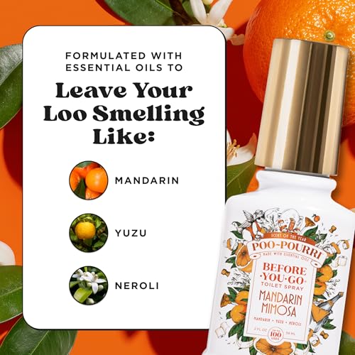 Poo-Pourri Before-You-Go Toilet Spray, Mandarin Mimosa, 2 Fl Oz, Up to 100 Uses, Bathroom Odor Deodorizer with Essential Oils for Home or Work, Travel Essentials, TSA Approved Size - size: 2 Ounce (Pack of 1), style: Mandarin Mimosa