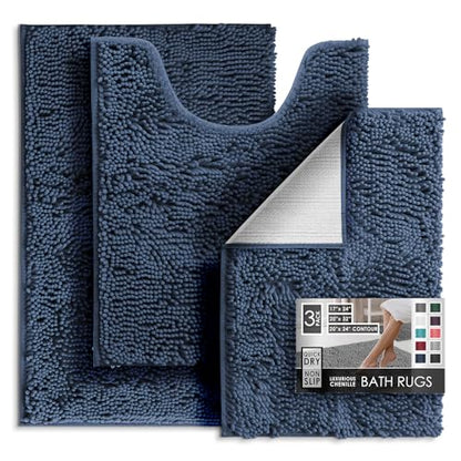 Hearth & Harbor Bathroom Rugs, Chenille Bath Mat - Machine Washable Bath Mats for Bathroom Non-Slip Backing Rubber, Quick Dry Mat - Navy Blue Bath Rug, 17x24-20x32-20x24 - color: Navy Blue, style: 17x24 / 20x32 / 20x24