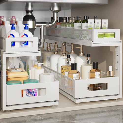 2 Pack 21.3IN-Depth Under Sink Organizer With Next-Gen Ball-Bearing Slides,2-Tier Pull Out Cabinet Storage,Height Adjustable Drawer Shelf for Bathroom,Kitchen,Laundry,Cabinet,Pantry-White - color: White, size: 2 Pack-21.3"Dx12.8"-16.9"H
