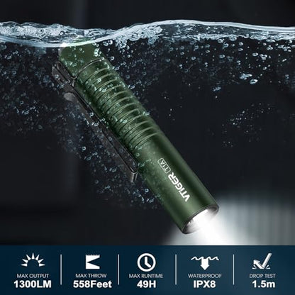 VTIGER T1A Mini Pocket EDC Flashlight with Clip,1300 Lumen Compact AA Rechargeable LED Little Flashlights, Super Bright Tail Switch Small Flash Light with Magnet for Camping,Hiking,Outdoor,Emergency - color: OD Green