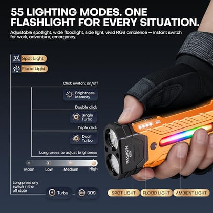 EDC Rechargeable Flashlight 3250 Lumens with RGB Light,55 Modes Multifunctional Flat Flashlight with Floodlight,Spotlight and Magnetic Base,Waterproof USB C Flashlight for Camping,Home,Emergencies - size: Orange