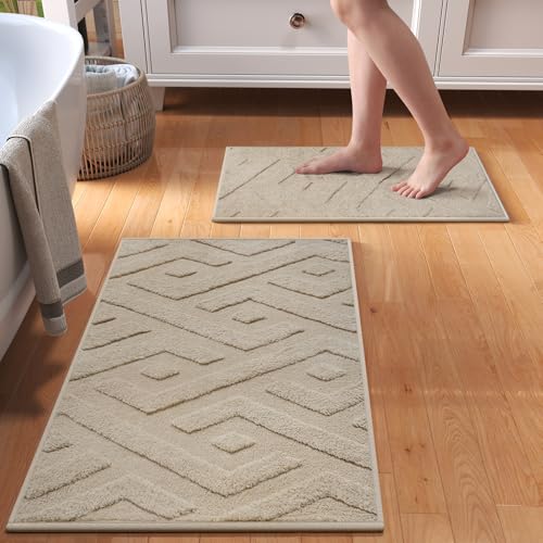 Non-Slip Bath Mat with Rubber Backing, 16x24-2pc Washable Thin Bath Mats for Bathroom Floor, Absorbent Bathroom Rugs, Quick Dry, Fits Under Door Brown - color: Brown-b, size: 16'' x 24''(2pc)