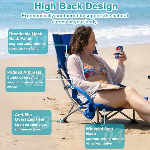 Romswi Compact High Back Beach Chair, Lightweight Low Seat Travel Chair, Beach Chair Fits in Suitcase, 300lbs Heavy Duty Folding Camping Chair with Cup Holder & Pocket, Blue - color: Blue - High Back