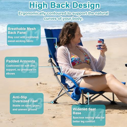 Romswi Compact High Back Beach Chair, Lightweight Low Seat Travel Chair, Beach Chair Fits in Suitcase, 300lbs Heavy Duty Folding Camping Chair with Cup Holder & Pocket, Blue - color: Blue - High Back