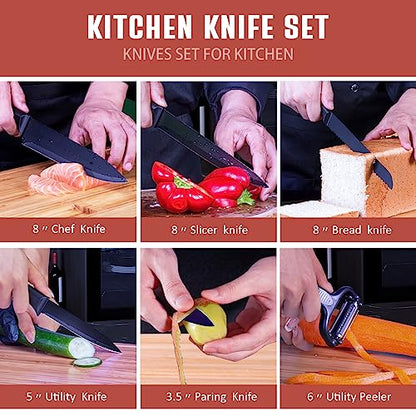 RAXCO Knife Set,10-Piece Stainless Steel Kitchen Knife Set with Block,Black | Compact Small Countertop Holder,Pro-Sharpened Stainless Steel Chef Knives, Space Saving Knife Set for RV & Apartment - color: BK