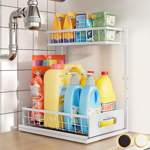 Under Sink Organizer, Cabinet Organizer for Kitchen, Height Adjustable Pull Out Heavy Duty 2 Tier Metal Under Sink Storage for Bathroom Pantry (White, 1 Pack) - color: White, size: 1 Pack