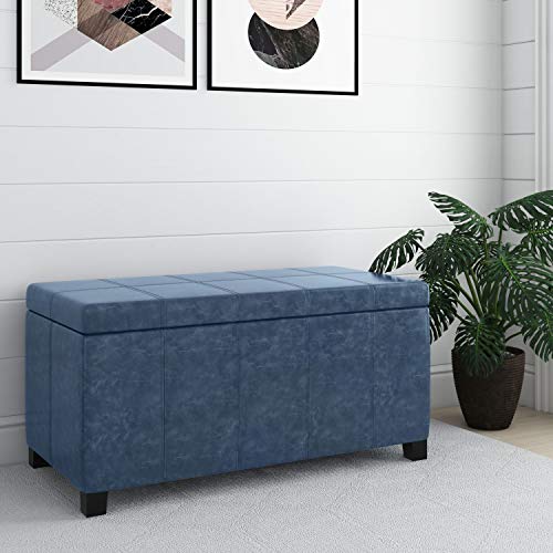 SIMPLIHOME Dover Storage Ottoman Bench - 36 inch Wide Upholstered Vegan Leather Rectangular Lift-Top Ottoman in Denim Blue, Contemporary Bench for Living Room with Safety Hinges - color: Denim Blue