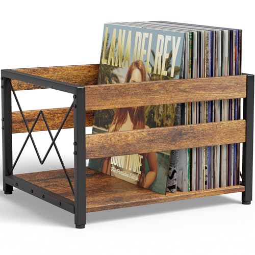 Y&M Vinyl Record Storage Crate, Wooden Storage Box, Classic Cube CD Albums Shelf Holder Organizer, Holds Up to 100+ Records, Magazine Rack for Desktop, Home, Office, Brown - size: Cube Brown Black (1 Pack)