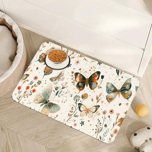 Butterfly Dog Food Mat for Floors,Boho Garden Vintage Absorbent Pet Food and Water Bowl Mats,Non-Slip Pet Feeding Mat,Pet Supplies 12" x 20" - color: Butterfly Boho Garden Vintage, size: 12"×20"