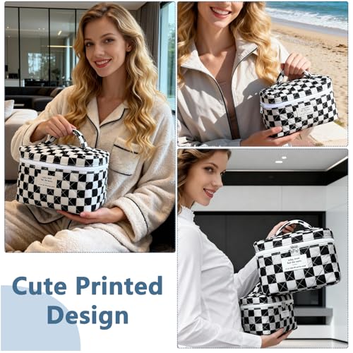 Gosect Large Makeup Bag, Cute Cosmetic Bag for Women Girls, Floral Coquette Aesthetic Toiletry Bag, Travel Make Up Organizer Bag (Black Checkered) - color: 079Black Checkered