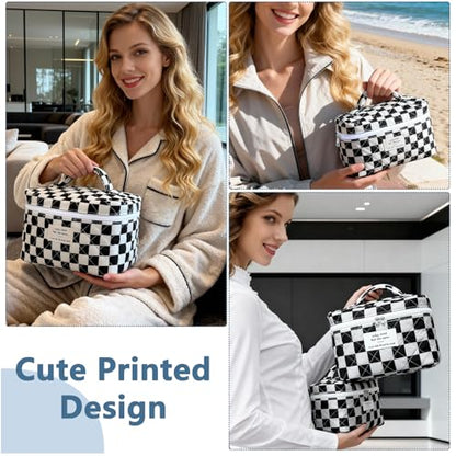 Gosect Large Makeup Bag, Cute Cosmetic Bag for Women Girls, Floral Coquette Aesthetic Toiletry Bag, Travel Make Up Organizer Bag (Black Checkered) - color: 079Black Checkered