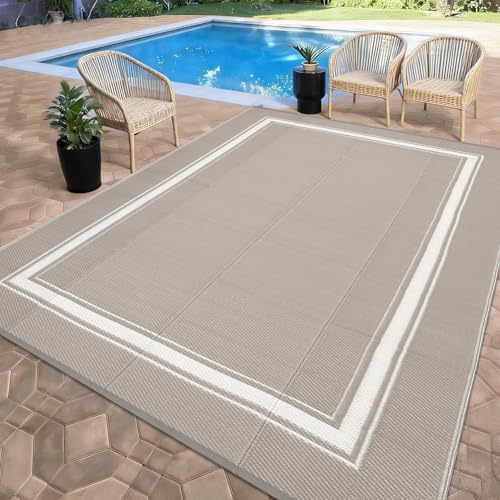 10x20 Large Outdoor Patio Rug Border Plastic Straw Outdoor Rugs Waterproof Foldable UV Resistant Camping Reversible Mats for Deck, Picnic, Porch, Camper, Balcony, Beach, Rv，Grey/Coffee - color: Border | Grey/Coffee, size: 10' x 20' (Rectangular)