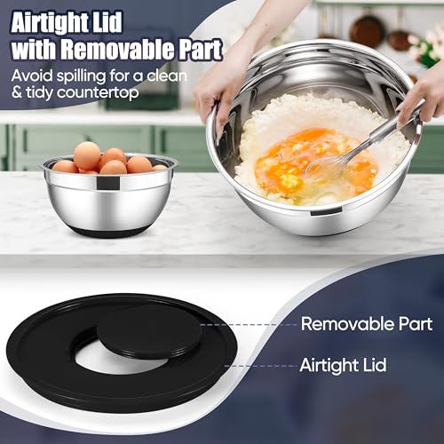 E-far Stainless Steel Mixing Bowls with Lids Set, 5-Piece Nesting Salad Bowls with 3 Grater Attachments and Non-Slip Bottoms, Size 4.6, 2.6, 2, 1.5, 1QT for Kitchen (Black) - color: Black, size: 5 Regular Sizes