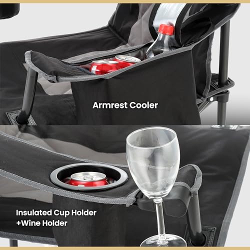 ARROWHEAD OUTDOOR 2-Pack Portable Deluxe Folding Camp Quad Chair w/Headrest, Glass & Cup Holders, Armest 6-can Cooler, Heavy Duty Carry Bag, 550 lbs Weight Capacity - color: Black 2pack