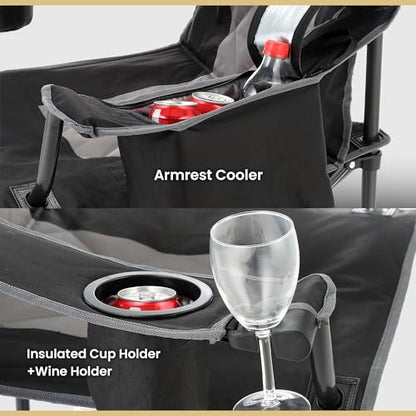 ARROWHEAD OUTDOOR Portable Deluxe Folding Camp Quad Chair w/Headrest, Glass & Cup Holders, Armest 6-can Cooler, Heavy Duty Carry Bag, 550 lbs Weight Capacity - color: Black
