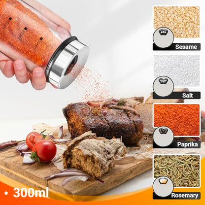 Segarty Glass Spice Jars, 3 Pack 10oz Large Spice Jar with Labels, Spice Container with Adjustable Shaker Lids, Salt Pepper Shakers Set Seasoning Bottles with 136 Stickers, 1 Chalk Marker and 1 Brush - size: 10oz / 300ml