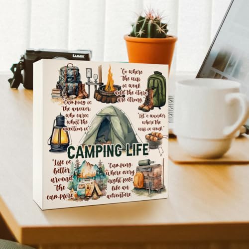 Camping Desk Decorations Wooden Sign, Camp Decor for Home Cabin RV Camper, Camper Gifts for Women Men Camp Lover, Camping Life