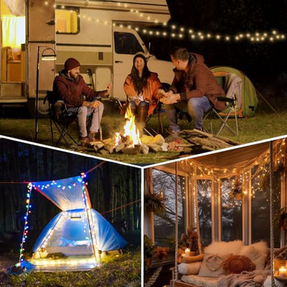 Solar Camping String Lights, 4 in 1 Camping String Lights Outdoor(39.4ft) with 8 Lighting Modes, Solar Powered and USB Rechargeable Light with Remote Control for Camping, Yard and Hiking
