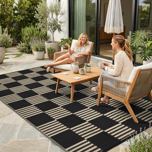 Garvee Waterproof Outdoor Rug 5x8, Checkered Foldable Plastic Straw Patio Camping Rug, Outdoor RV Carpet for Deck Camper Porch Balcony Backyard Picnic Beach Black and Brown - color: Black & Brown, size: 5 x 8 Feet