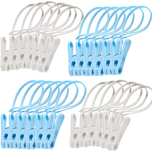 24Pcs Clothes Pins with Plastic Rope, Clothesline Drying Clothing Clips | Clothes Pins for Photo Craft Painting Display, 12pcs Blue 12pcs White - color: Blue,white-24pack