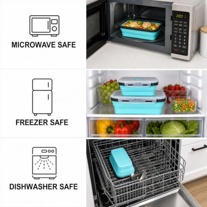 Guyuyii 4 Pack Space-Saving Collapsible Food Storage Containers with Lids | 12/17/27/40 oz Food-Grade Silicone Set for RV, Camping, Meal Prep, Small Kitchens - Microwave/Freezer/Dishwasher Safe - color: blue