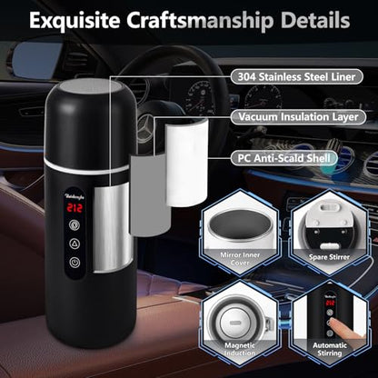 Car Kettle,Portable Electric Travel Kettle,12V/24V Car Coffee Warmer,420ML Hot Water Boiler,Small Hot Water Heater, Mini Hot Water Boiler with Built-in Magnetic Induction Stirring for Tea Coffee Milk - color: Black
