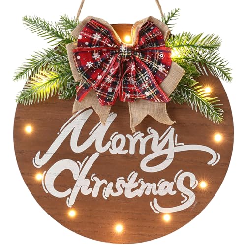 HOMCDALY Merry Christmas Sign for Front Door, Wooden Hanging Sign Door Decoration with 12 LED Light, Winter Welcome Wreath indoor outdoor Décor, Christmas Decoration. - color: Christmas