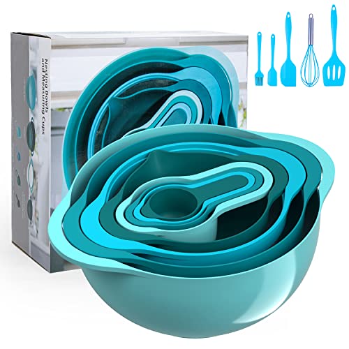 13 Pcs Mixing Bowls Set, RV Camping Accessories Set, Apartment Kitchen Gadget Easy Storage, Inculding Measuring Cups Colander Sifter Large Bowl Whisk Scraper, Great for Cooking and Baking, No BPA - color: Blue Cyan-1