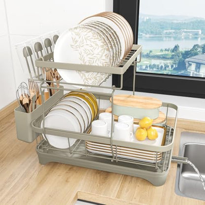Dish Drying Rack, 2-Tier Dish Drying Rack with Utensil Holder – Large Capacity Auto-Draining Dish Drainer with Drainboard for Kitchen Counter, Grey - color: 2-tier - Grey