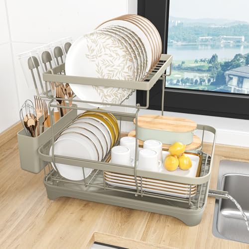 Dish Drying Rack, 2-Tier Dish Drying Rack with Utensil Holder – Large Capacity Auto-Draining Dish Drainer with Drainboard for Kitchen Counter, Grey - color: 2-tier - Grey