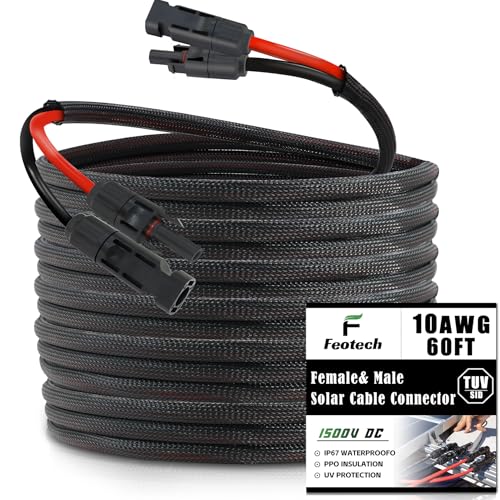 Twin Wire 60FT Solar Extension Cable - 10AWG (6mm²) Solar Panel Connector, with 6 Pairs-IP67-Male/Female Solar connectors for Outdoor Automotive RV Boat Marine Solar Panel- Black & Red - color: Black braided sleeve, size: 60Ft - 10AWG