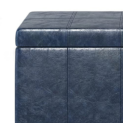 SIMPLIHOME Dover Storage Ottoman Bench - 36 inch Wide Upholstered Vegan Leather Rectangular Lift-Top Ottoman in Denim Blue, Contemporary Bench for Living Room with Safety Hinges - color: Denim Blue