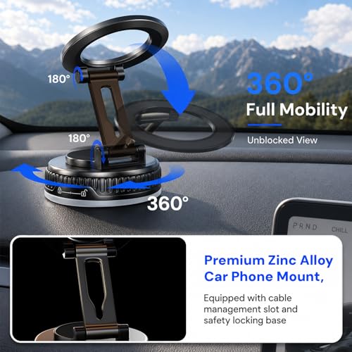 2026 Upgraded Magnetic Car Phone Mount for MagSafe: 360° Rotatable Adjustable Holder with 98LBS Strong Suction Cup & 2400gf Magnet, Compatible with iPhone 17/16/15 Series & Android Devices - color: B. J37-White Base