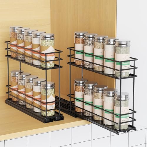 Mystozer Pull Out Spice Rack Organizer for Cabinet, Slide Out Spice Racks, Easy to Install Spice Cabinet Organizers, 5.2" Wx10.43 Dx8.26 H, 2 Packs 2 Tiers(Black) - color: Black, size: 5.2" - 2 Packs (2.5" each pack)