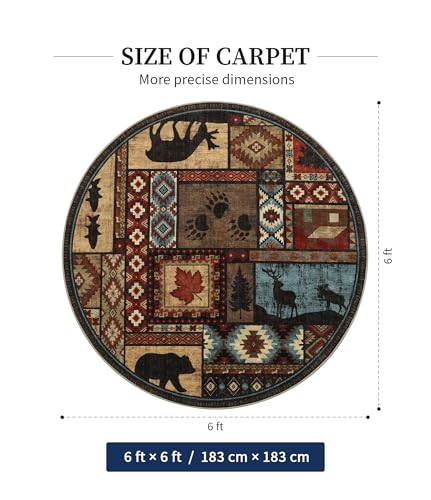 YIHOUSE Rustic Round Rug 6ft, Washable Circle Area Rug with Non-Slip Backing, Low Pile Soft Western Cabin Rugs for Living Room, Bedroom - color: Brown, size: 6' (Round)