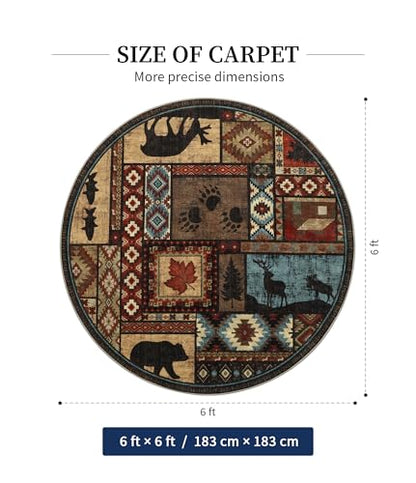 YIHOUSE Rustic Round Rug 6ft, Washable Circle Area Rug with Non-Slip Backing, Low Pile Soft Western Cabin Rugs for Living Room, Bedroom - color: Brown, size: 6' (Round)