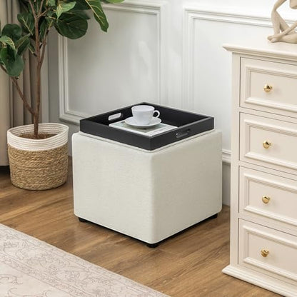 Adeco 17 inch Faux Leather Storage Ottoman with Reversible Tray Lid, Modern Square Cube Footrest Stool & Coffee Table for Living Room, Bedroom, and Dorm, White - color: White With Tray