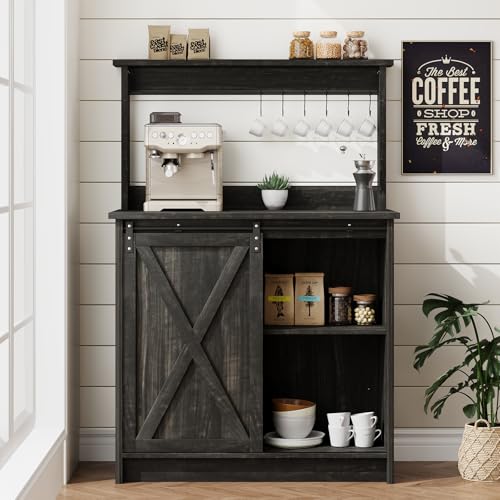 4ever2buy Farmhouse Coffee Bar with Hutch, 31 Inch Buffet Cabinet with Sliding Barn Door, Storage Bar Cabinet with 6 Hooks, Coffee Bar Table with Adjustable Shelves for Living Dining Room, Oak - color: Oak, size: 31.5Inch