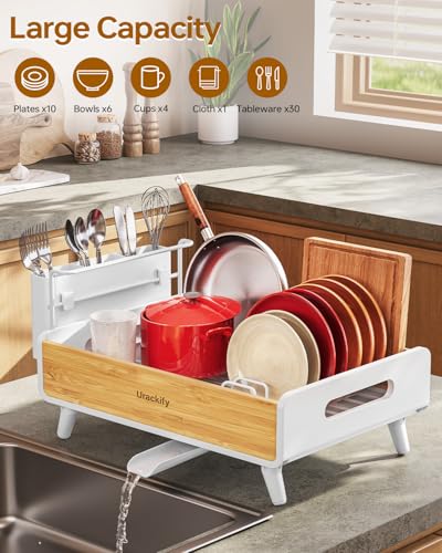 Urackify Dish Drying Rack for Kitchen Counter - Stainless Steel & Bamboo Dish Rack with Large Removable Utensil Holder, Dish Drainer with Adjustable Automatic Spout, White - color: White, size: 1 Tier