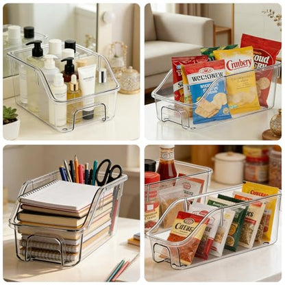 6 Packs Clear Freezer Organizers and Storage Bins with Handle, Stackable Storage Bins Open Front Pantry Bins for Storage and Organization for Bathroom Kitchen Refrigerator Pantry
