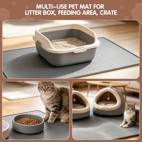 Silicone Cat Litter Mat, 34"x22" Large Waterproof Litter Box Mat with Honeycomb Wave Pattern, Non-Slip Easy Clean Litter Trapping Mat for Cat Litter Box Area Floor Protection (Gray)