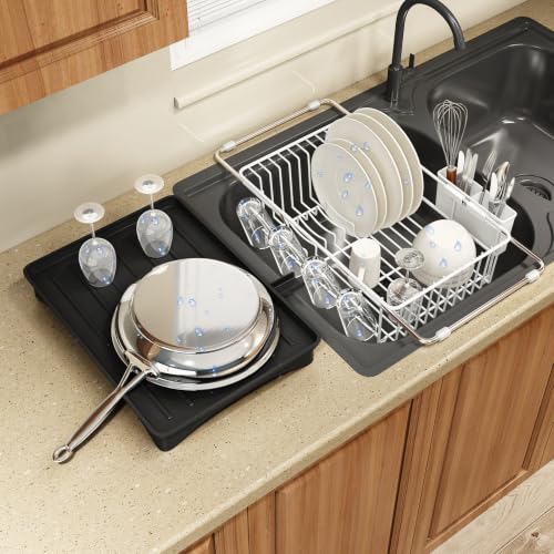 MAJALiS White Dish Drying Rack Over Sink with Utensil Holder, Drainboard | Expandable Stainless Steel Dish Drainer for Small Kitchen, Apartment, RV, Counter Space Saving, Perfect Fit, Rustproof - color: White, size: For 11.5"-16" W Sink with Cup Holder &