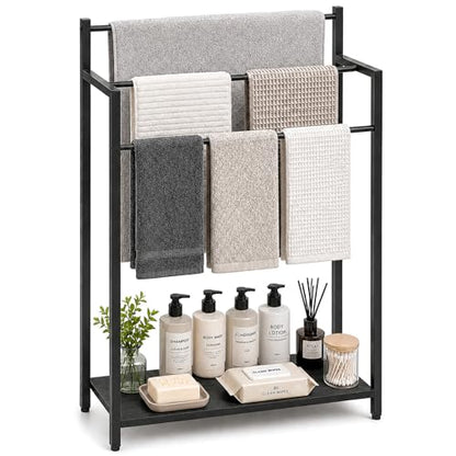 24.8" W Freestanding Towel Rack, 3 Tier Blanket Ladder Stand with Black Wooden Shelf for Bathroom Living Room - color: Black, size: 31.5" H x 24.8" W x7.9 D